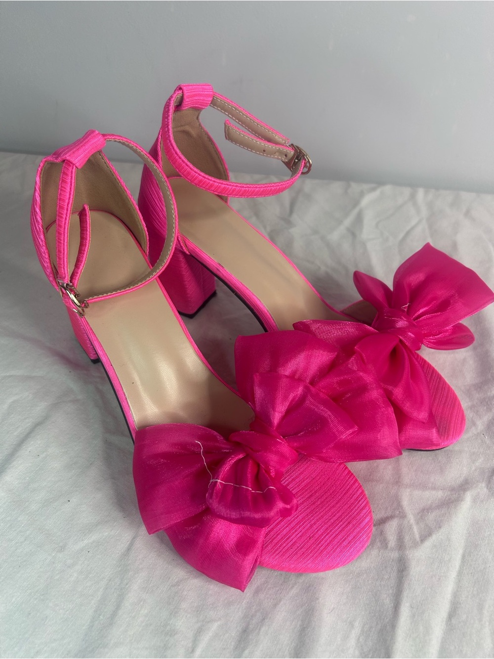 Chic Hot Pink Bow Ankle-Strap Block Heels